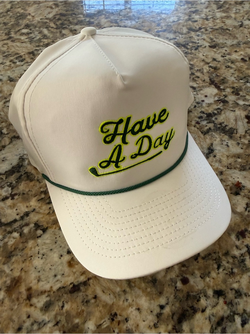 Have A Day White Cap with Green Embroidery